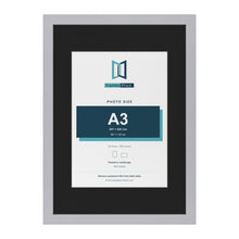 Silver A2 picture frame with a black mount for an A3 photo
