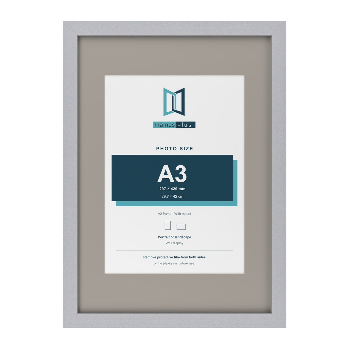 Silver A2 picture frame with a Dawn Grey mount for an A3 photo