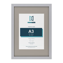 Silver A2 picture frame with a Dawn Grey mount for an A3 photo