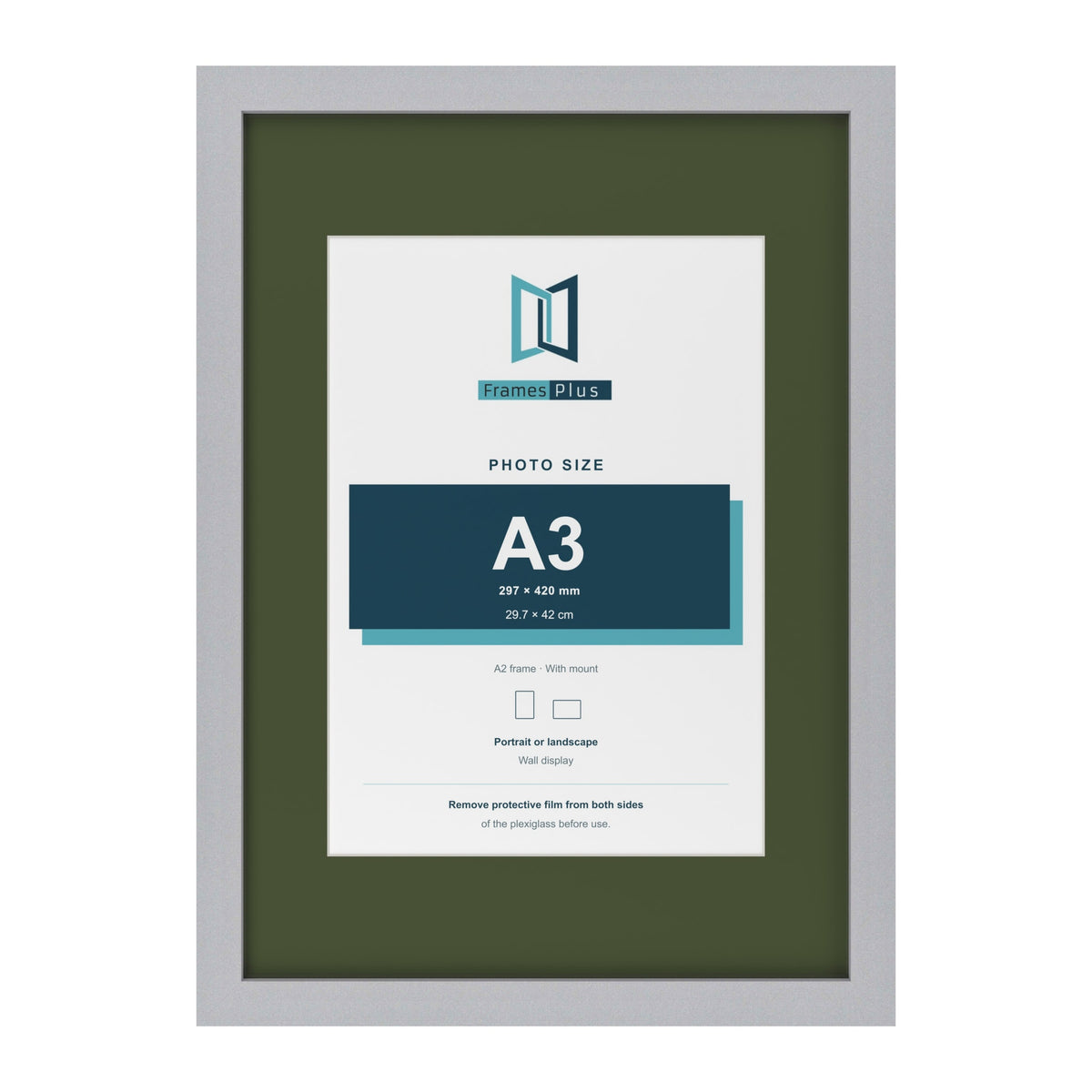 Silver A2 picture frame with a green mount for an A3 photo