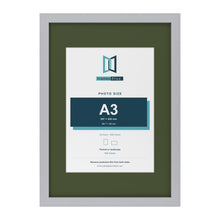 Silver A2 picture frame with a green mount for an A3 photo