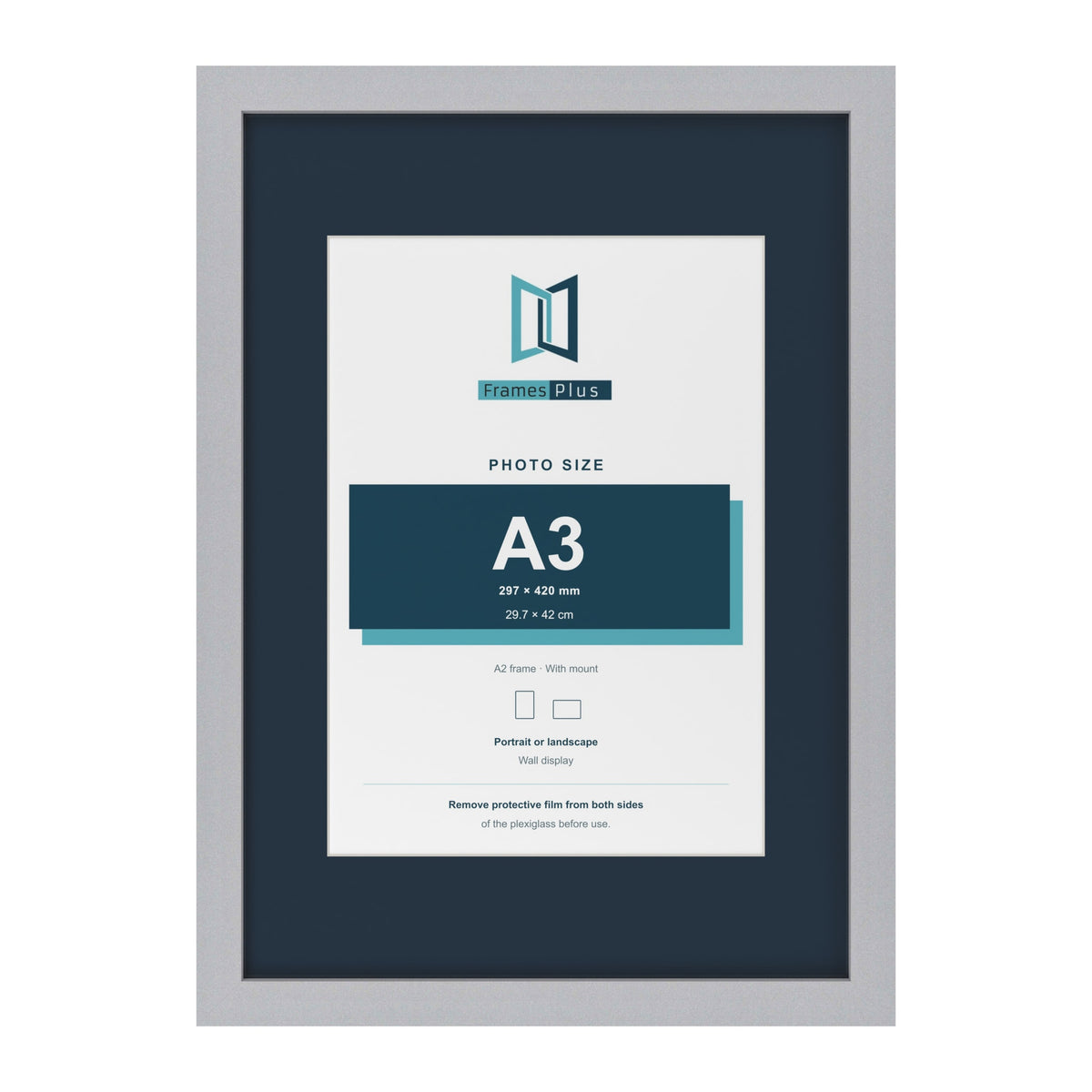 Silver A2 picture frame with a Pacific Blue mount for an A3 photo