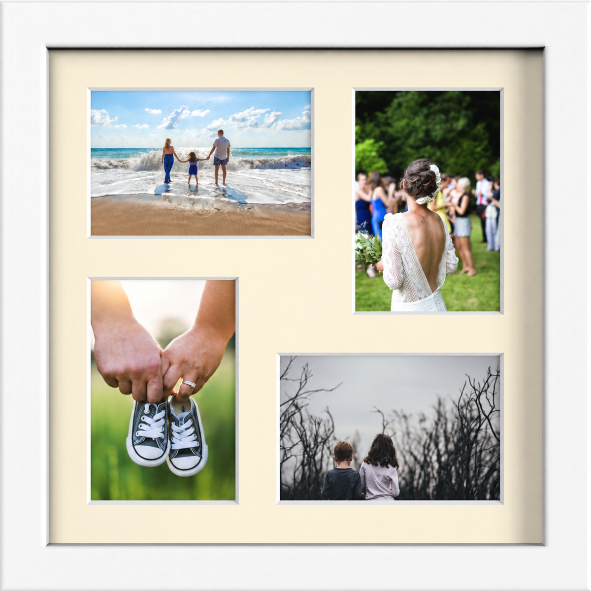 White multi-aperture frame, 4 Photos 6x4" with Ivory Mount displaying photographs