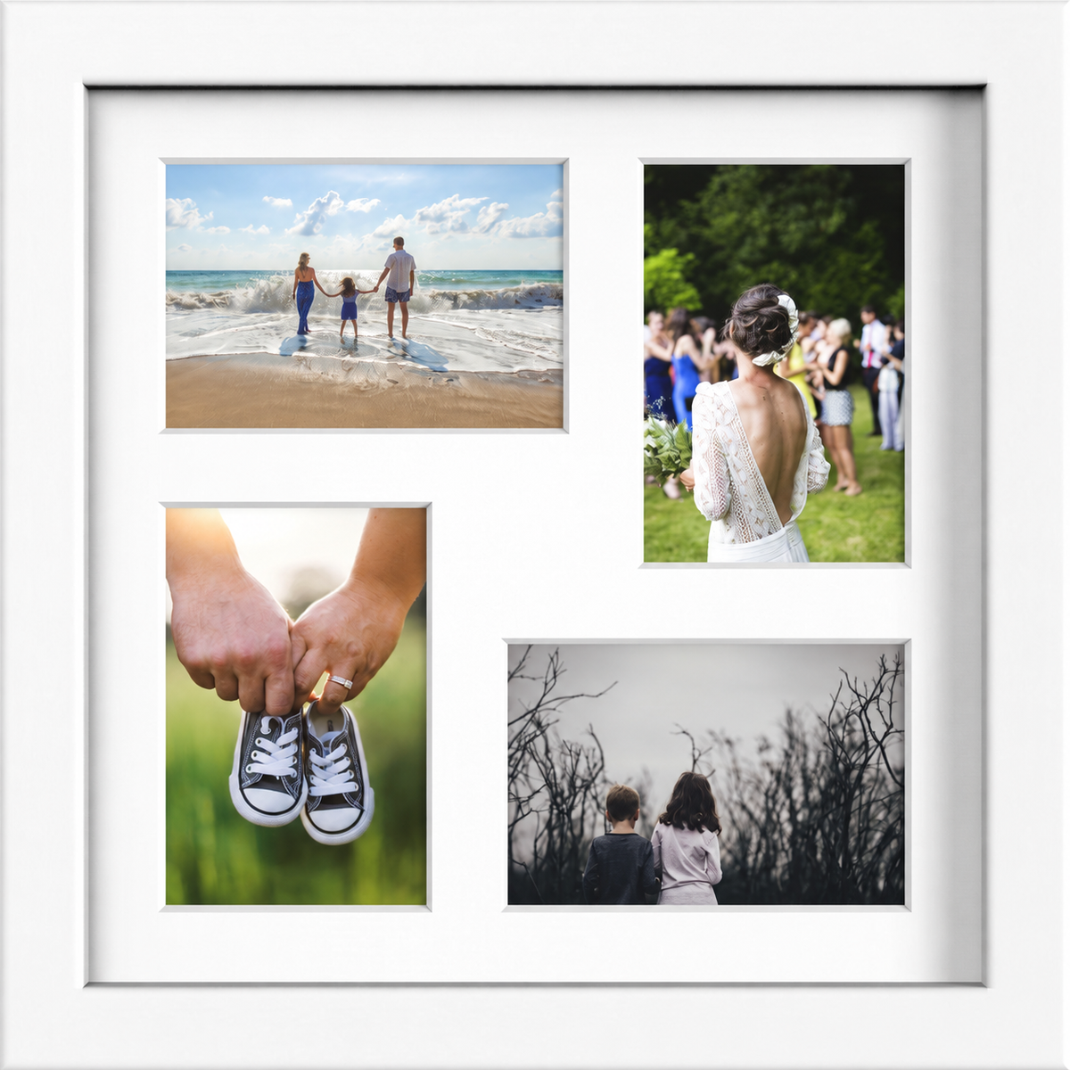 White multi-aperture frame, 4 Photos 6x4" with White Mount displaying photographs