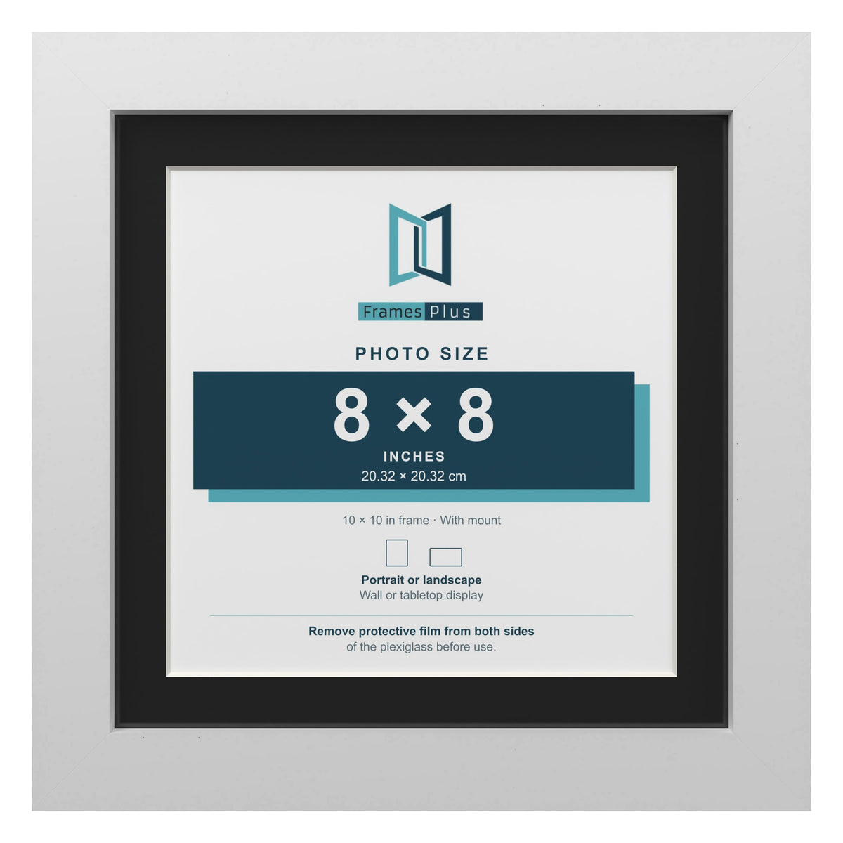 White 10 x 10 inch picture frame with a black mount for an 8 x 8 inch photo