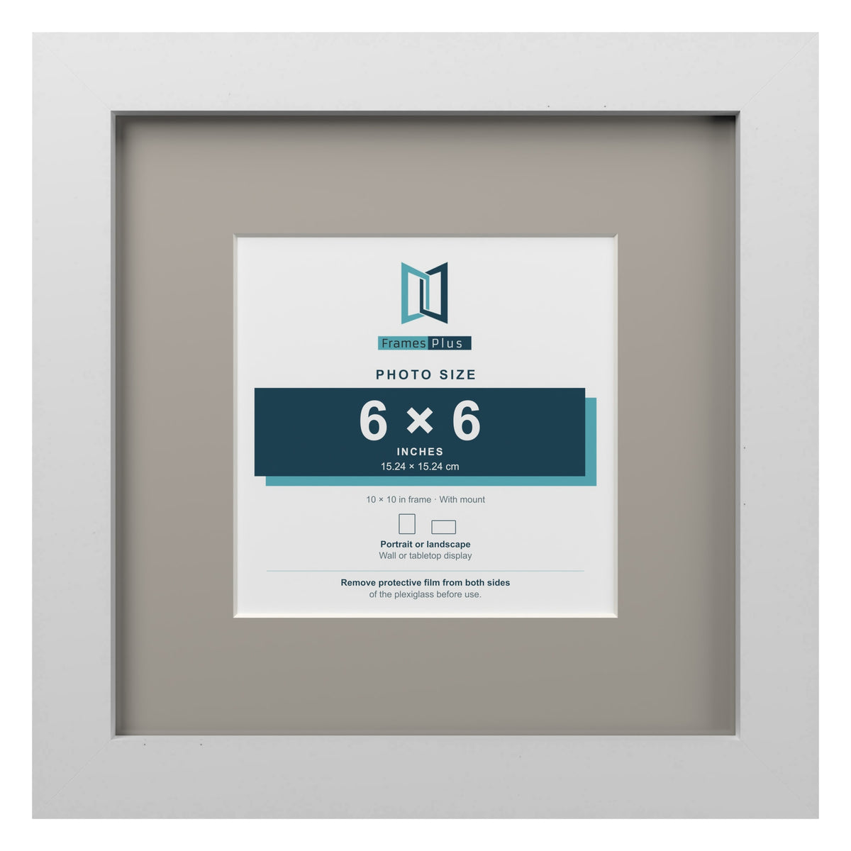 White 10 x 10 inch picture frame with a Dawn Grey mount for a 6 x 6 inch photo