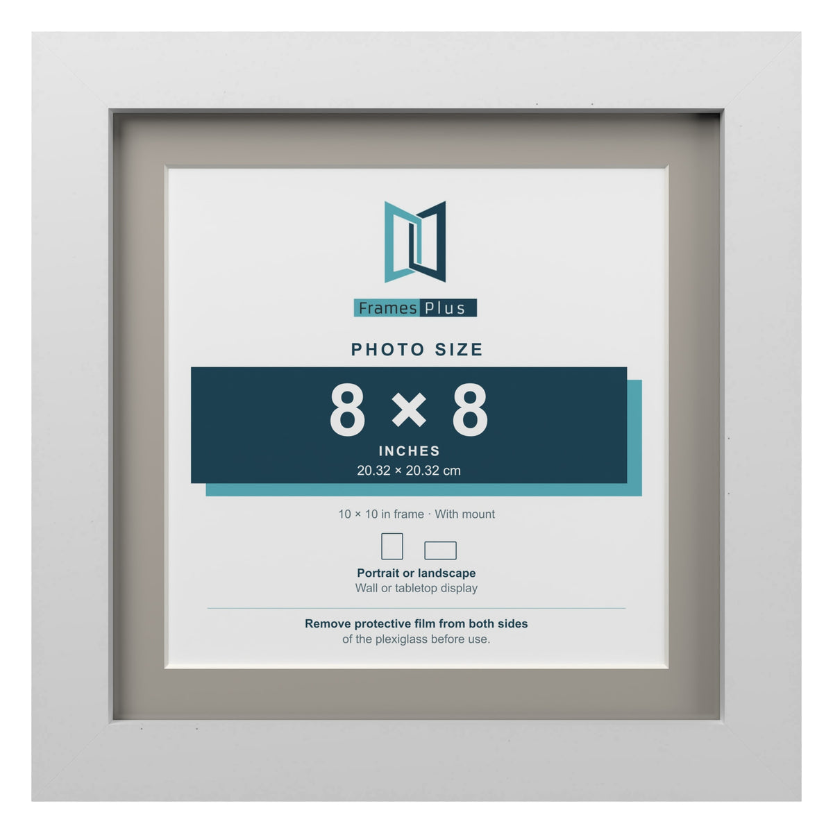 White 10 x 10 inch picture frame with a Dawn Grey mount for an 8 x 8 inch photo
