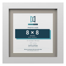White 10 x 10 inch picture frame with a Dawn Grey mount for an 8 x 8 inch photo