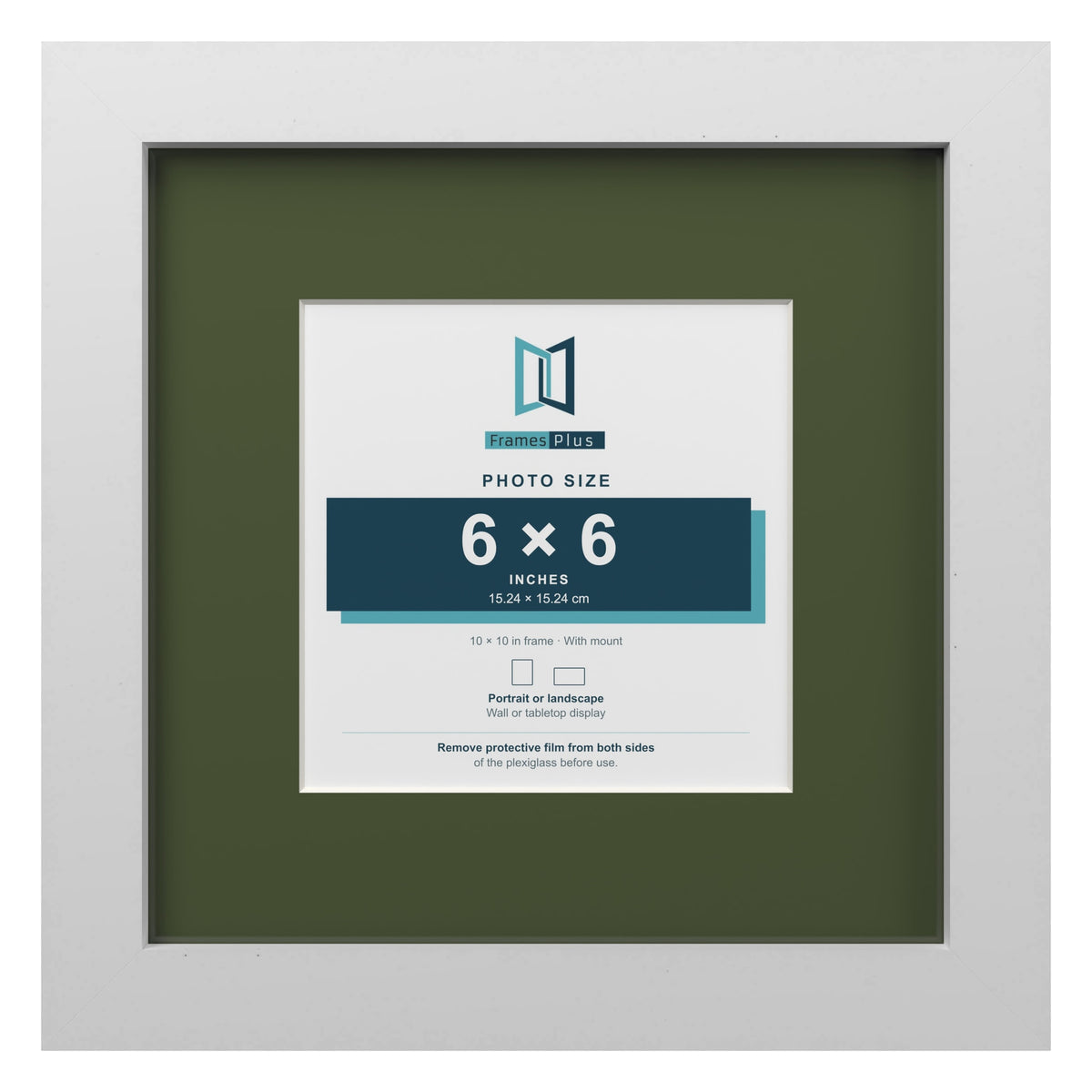 White 10 x 10 inch picture frame with a green mount for a 6 x 6 inch photo