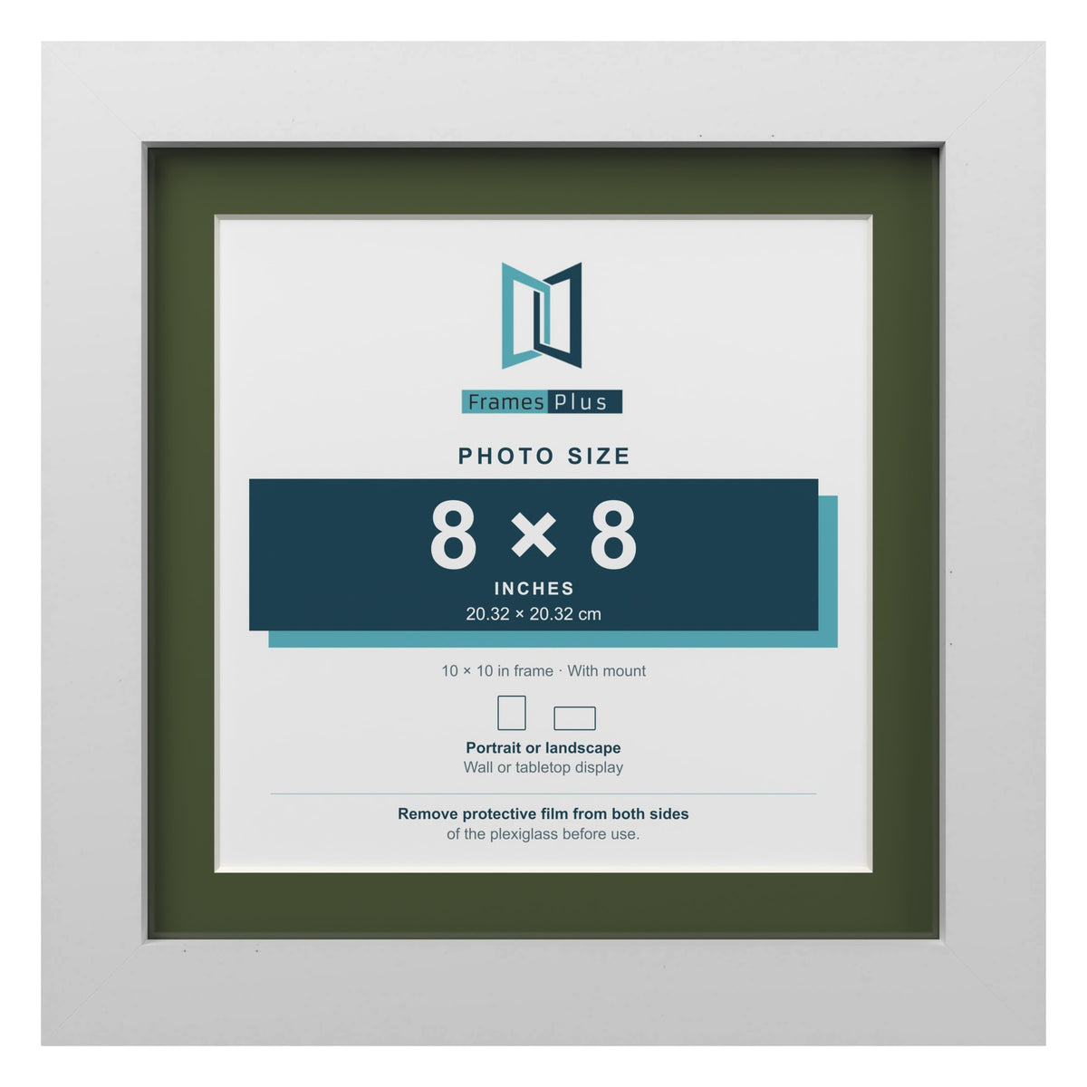 White 10 x 10 inch picture frame with a green mount for an 8 x 8 inch photo