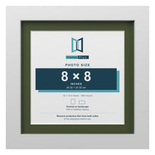 White 10 x 10 inch picture frame with a green mount for an 8 x 8 inch photo