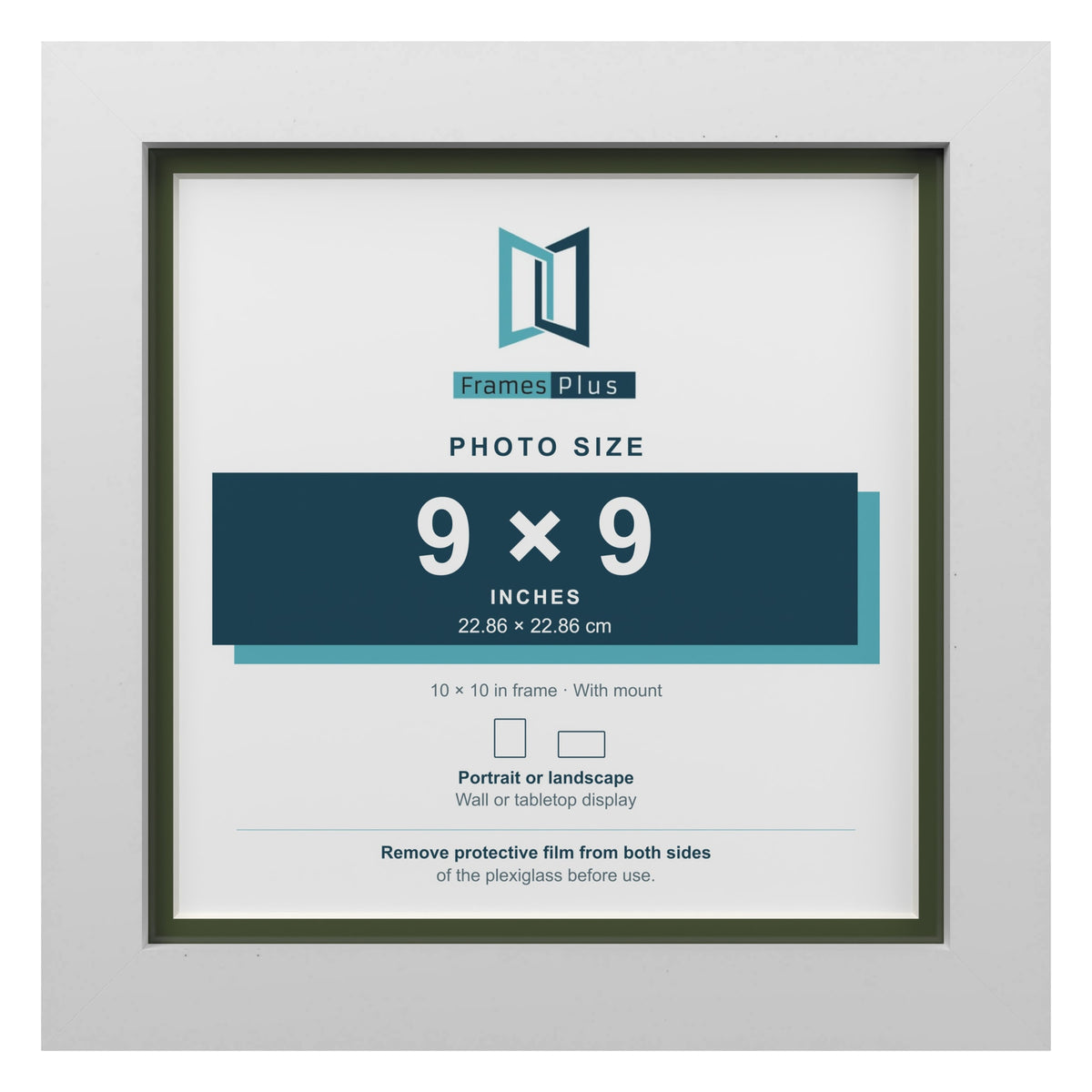 White 10 x 10 inch picture frame with a green mount for a 9 x 9 inch photo