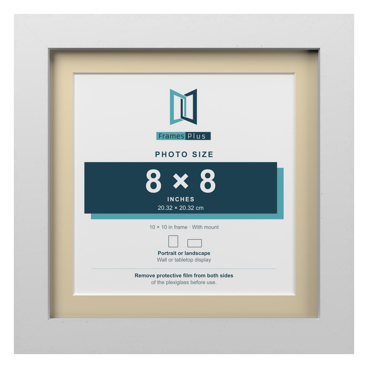 White 10 x 10 inch picture frame with an ivory mount for an 8 x 8 inch photo