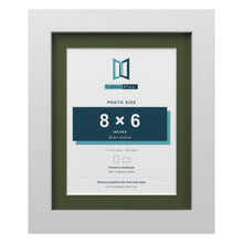 White 10 x 8 inch picture frame with a green mount for an 8 x 6 inch photo