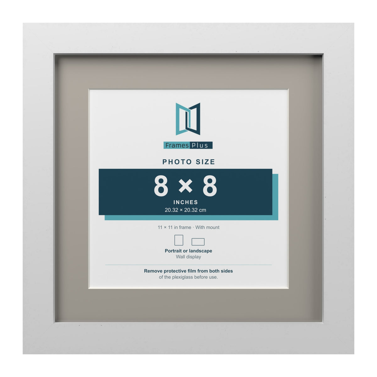 White 11 x 11 inch picture frame with a Dawn Grey mount for an 8 x 8 inch photo