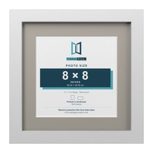 White 11 x 11 inch picture frame with a Dawn Grey mount for an 8 x 8 inch photo