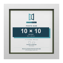 White 11 x 11 inch picture frame with a green mount for a 10 x 10 inch photo