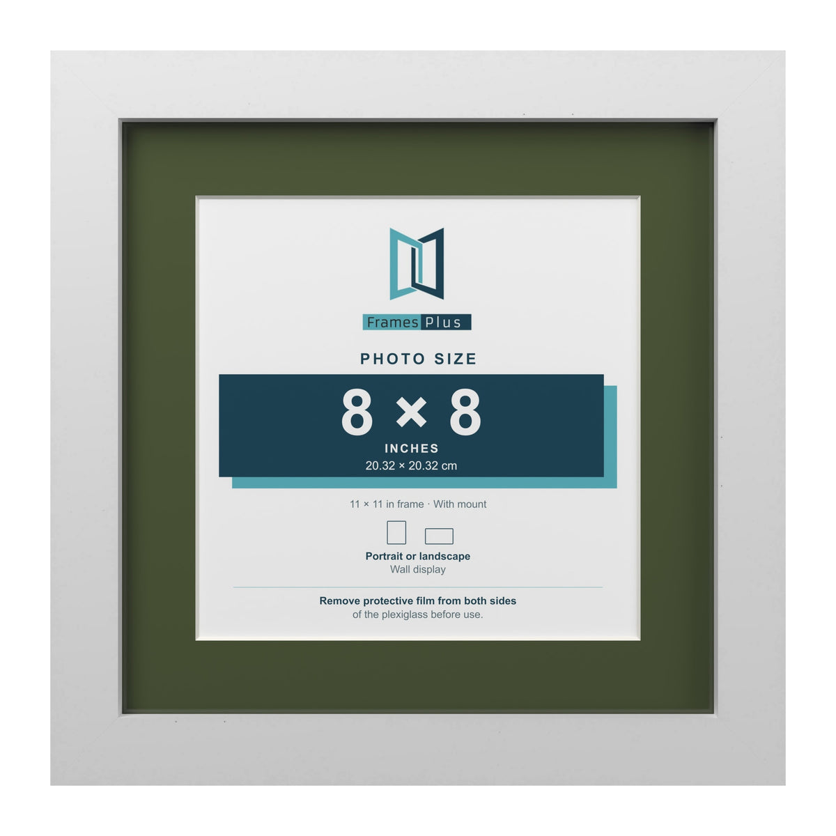 White 11 x 11 inch picture frame with a green mount for an 8 x 8 inch photo
