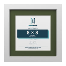 White 11 x 11 inch picture frame with a green mount for an 8 x 8 inch photo