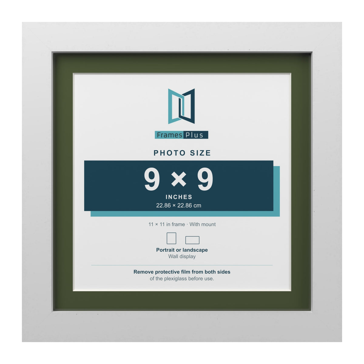 White 11 x 11 inch picture frame with a green mount for a 9 x 9 inch photo