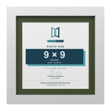 White 11 x 11 inch picture frame with a green mount for a 9 x 9 inch photo