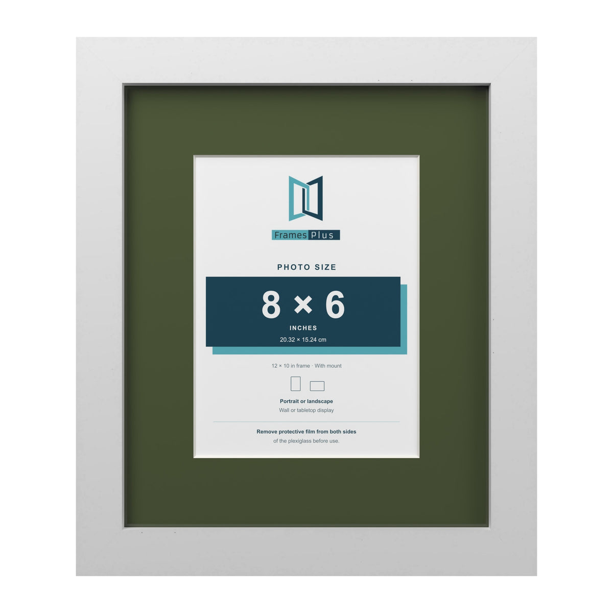 White 12 x 10 inch picture frame with a green mount for an 8 x 6 inch photo