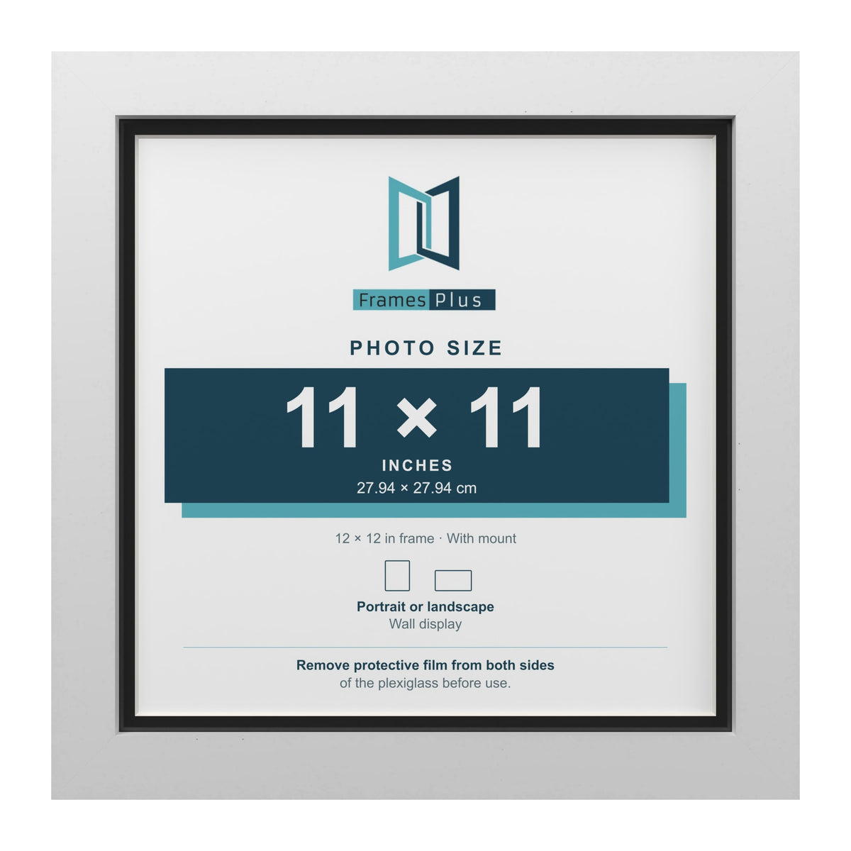 White 12 x 12 inch picture frame with a black mount for an 11 x 11 inch photo