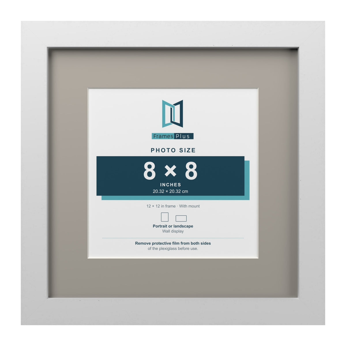 White 12 x 12 inch picture frame with a Dawn Grey mount for an 8 x 8 inch photo