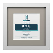White 12 x 12 inch picture frame with a Dawn Grey mount for an 8 x 8 inch photo
