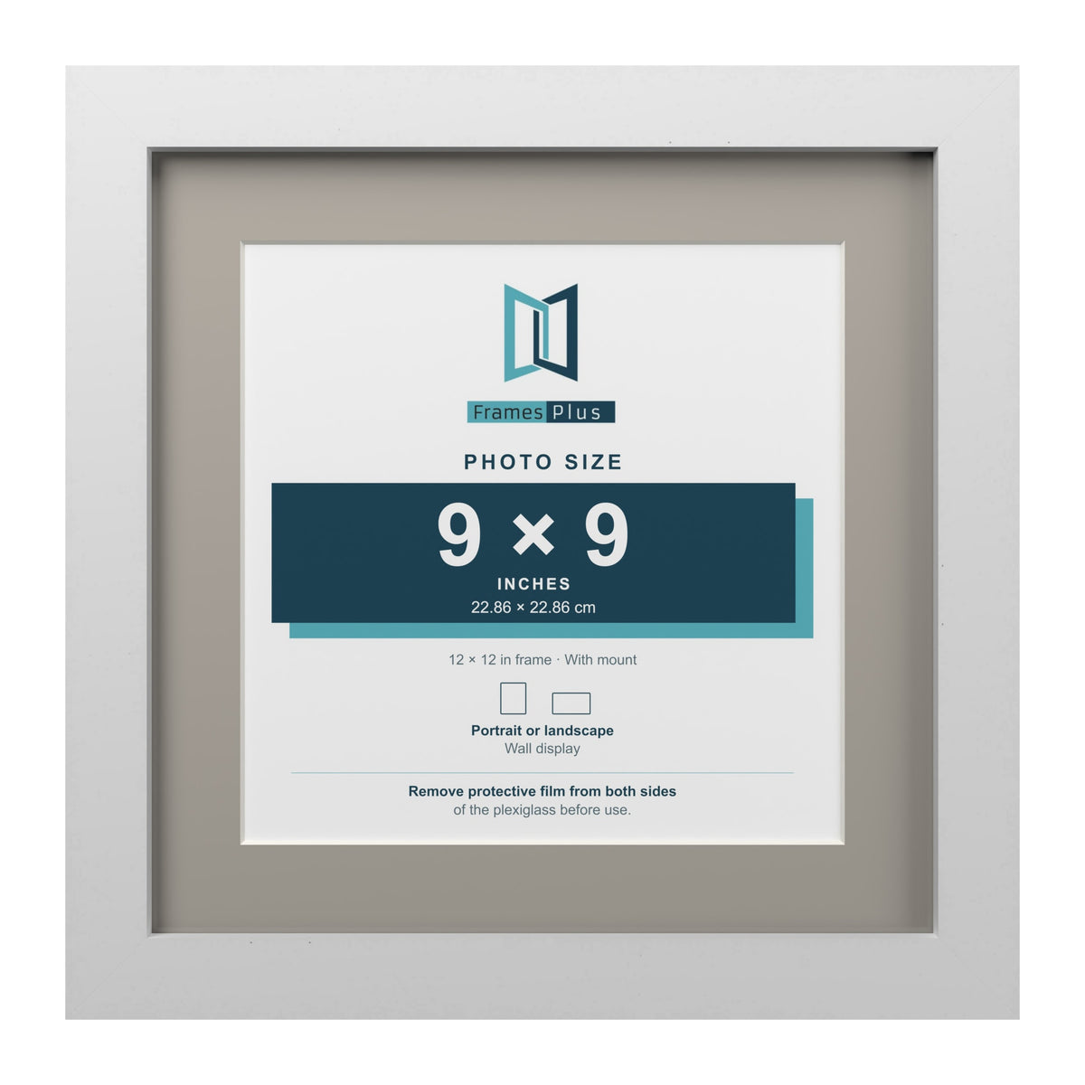 White 12 x 12 inch picture frame with a Dawn Grey mount for a 9 x 9 inch photo