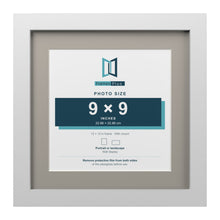 White 12 x 12 inch picture frame with a Dawn Grey mount for a 9 x 9 inch photo