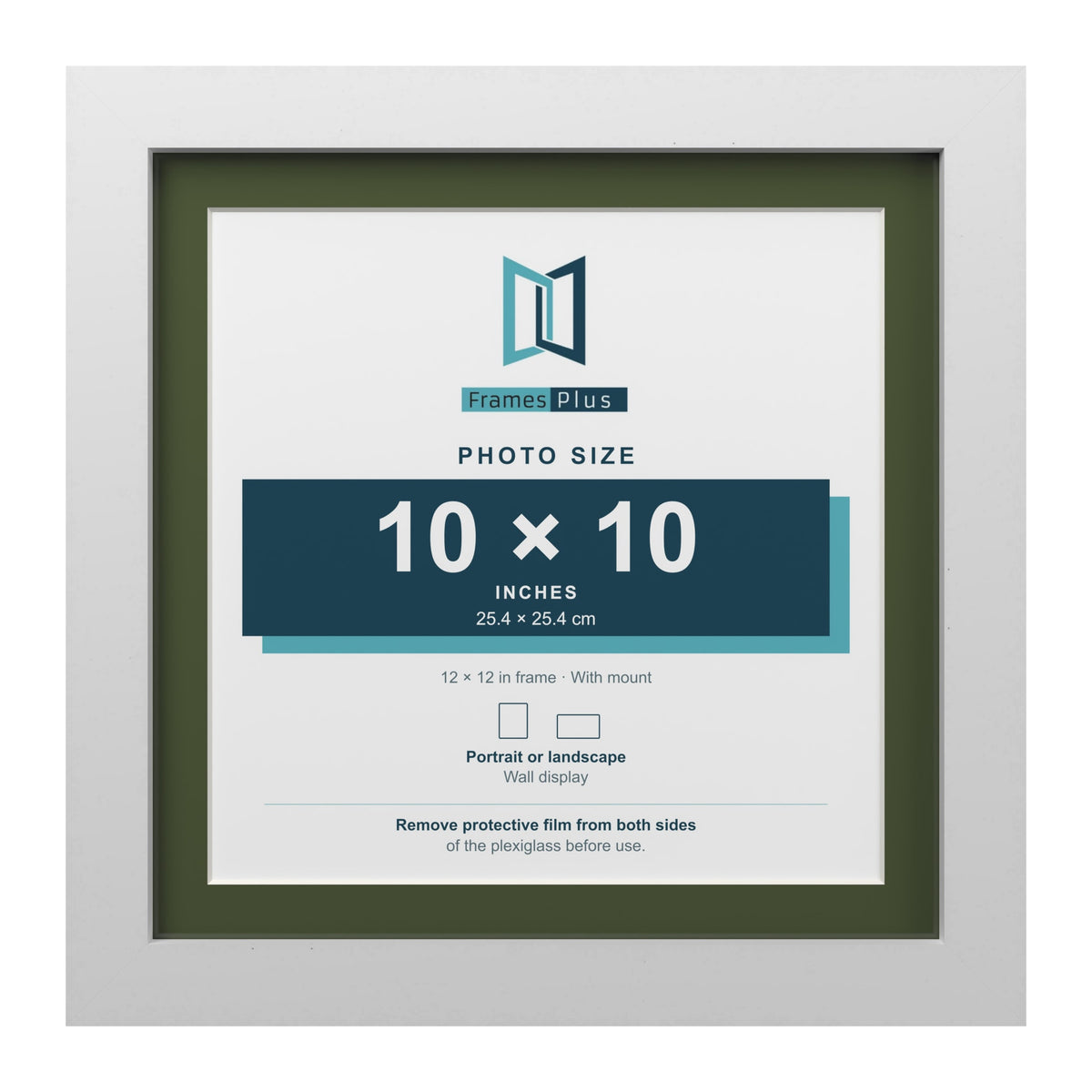 White 12 x 12 inch picture frame with a green mount for a 10 x 10 inch photo