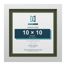 White 12 x 12 inch picture frame with a green mount for a 10 x 10 inch photo