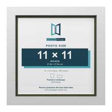 White 12 x 12 inch picture frame with a green mount for an 11 x 11 inch photo