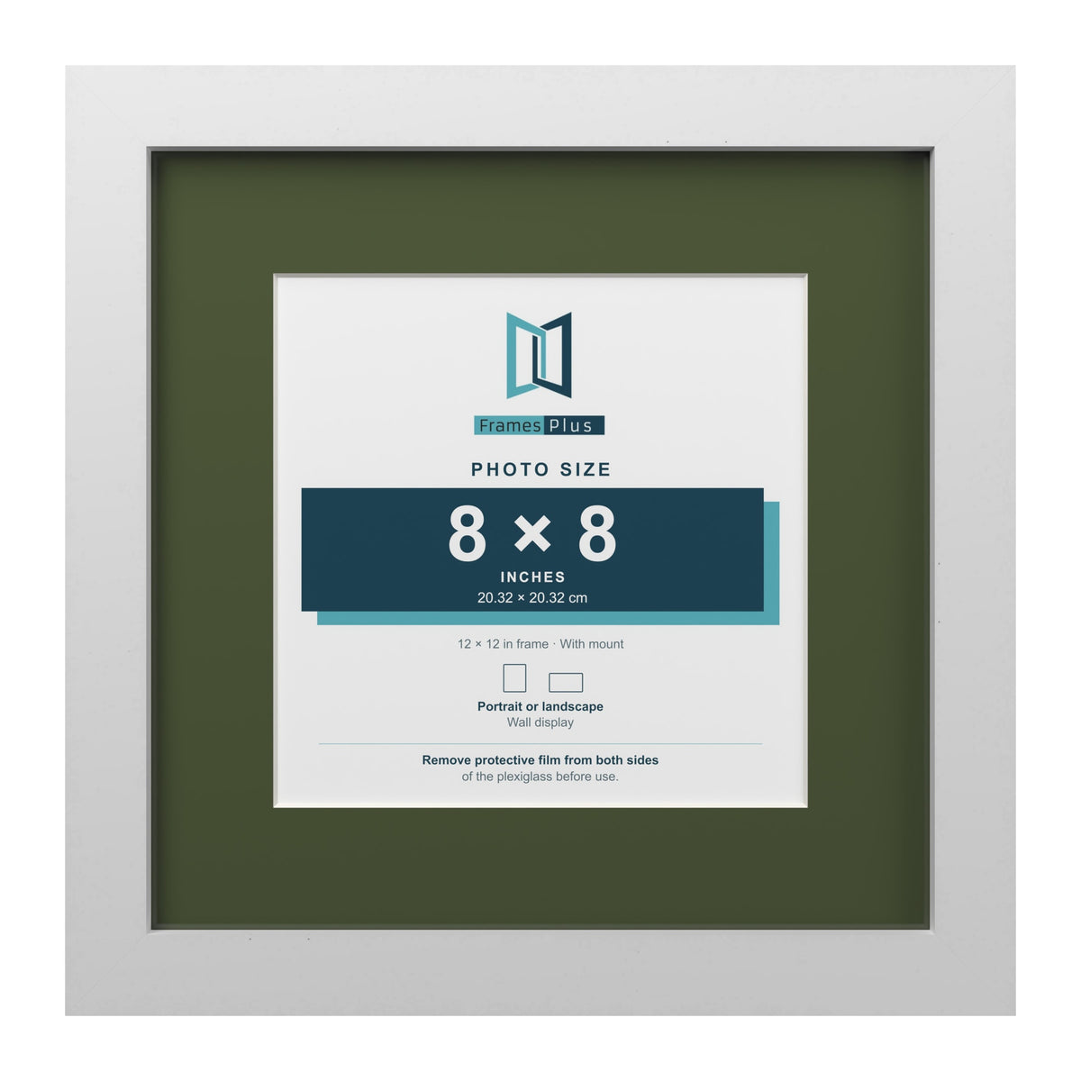 White 12 x 12 inch picture frame with a green mount for an 8 x 8 inch photo