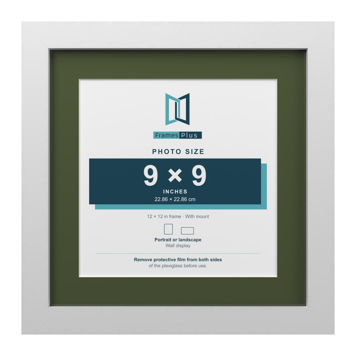 White 12 x 12 inch picture frame with a green mount for a 9 x 9 inch photo