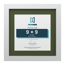 White 12 x 12 inch picture frame with a green mount for a 9 x 9 inch photo