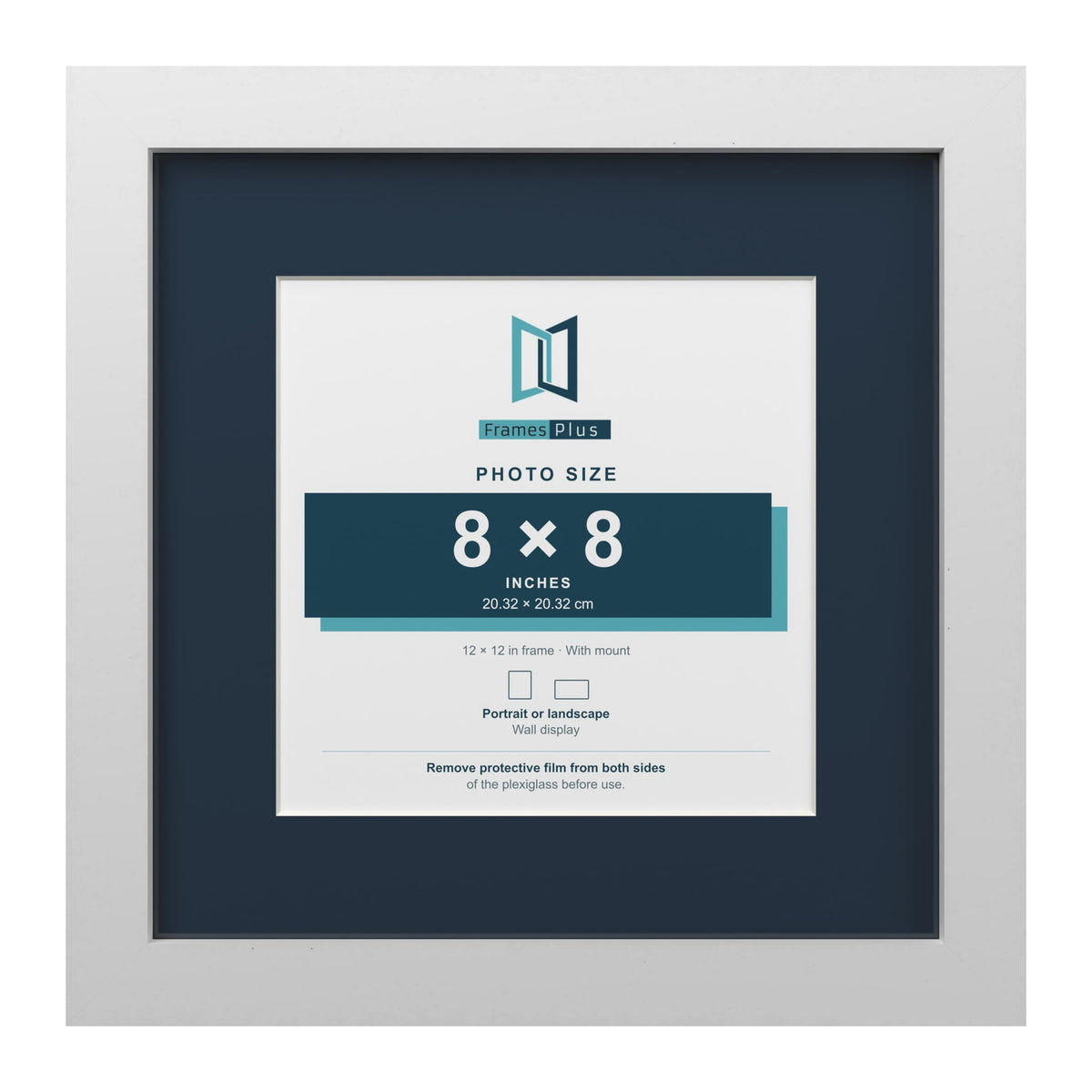 White 12 x 12 inch picture frame with a Pacific Blue mount for an 8 x 8 inch photo