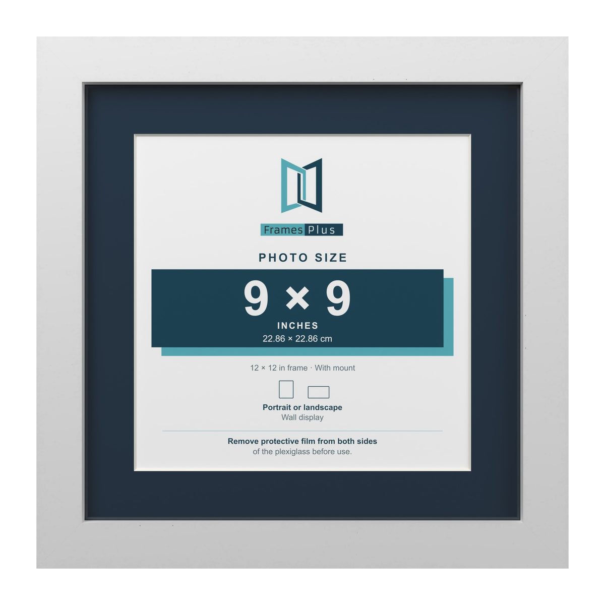 White 12 x 12 inch picture frame with a Pacific Blue mount for a 9 x 9 inch photo