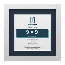 White 12 x 12 inch picture frame with a Pacific Blue mount for a 9 x 9 inch photo