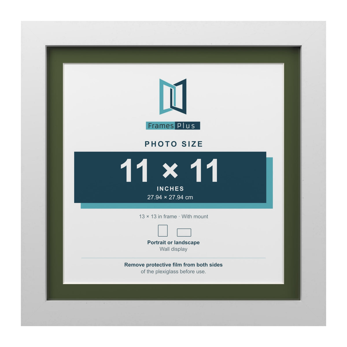 White 13 x 13 inch picture frame with a green mount for an 11 x 11 inch photo