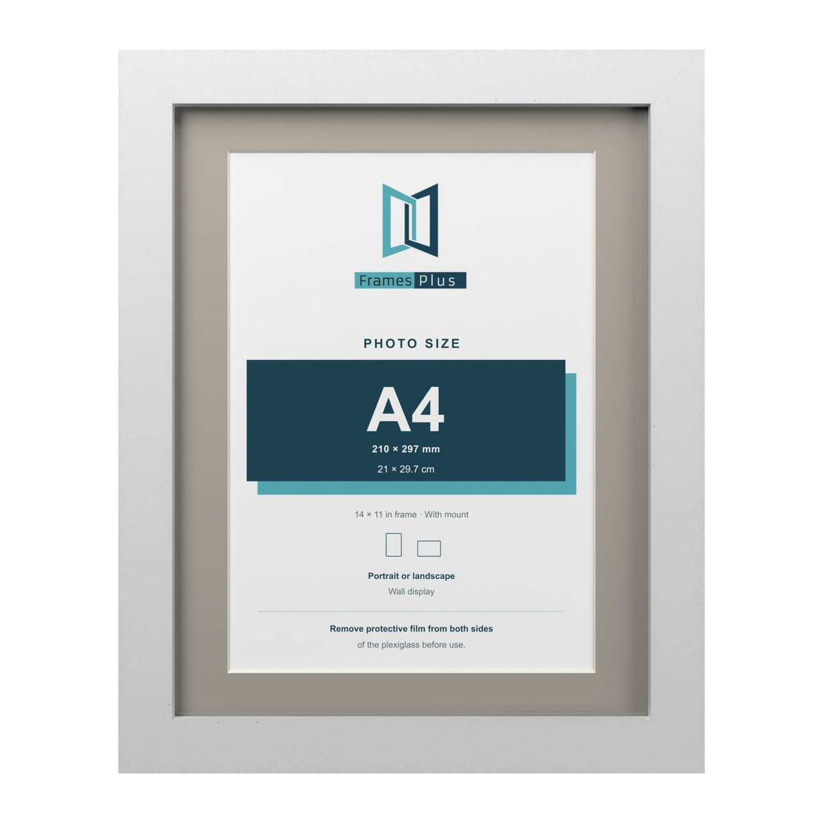 White 14 x 11 inch picture frame with a Dawn Grey mount for an A4 photo