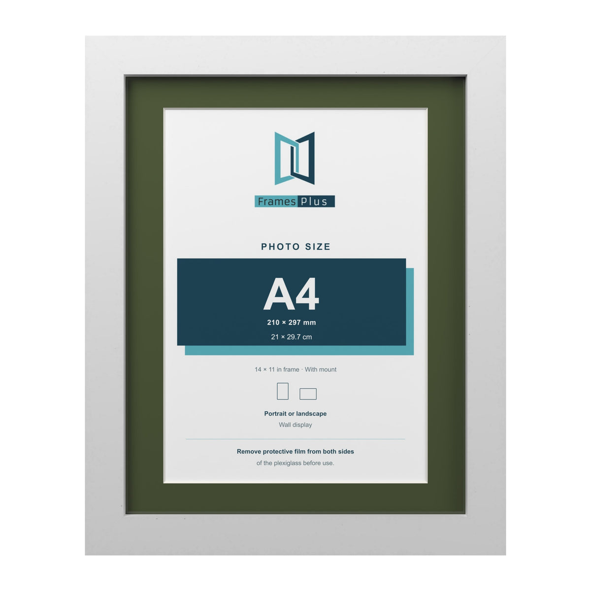 White 14 x 11 inch picture frame with a green mount for an A4 photo