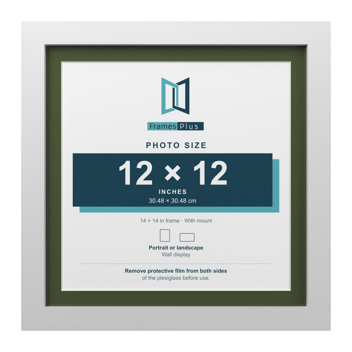 White 14 x 14 inch picture frame with a green mount for a 12 x 12 inch photo