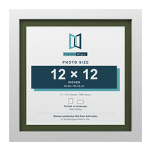 White 14 x 14 inch picture frame with a green mount for a 12 x 12 inch photo