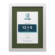 White 16 x 12 inch picture frame with a green mount for a 12 x 8 inch photo