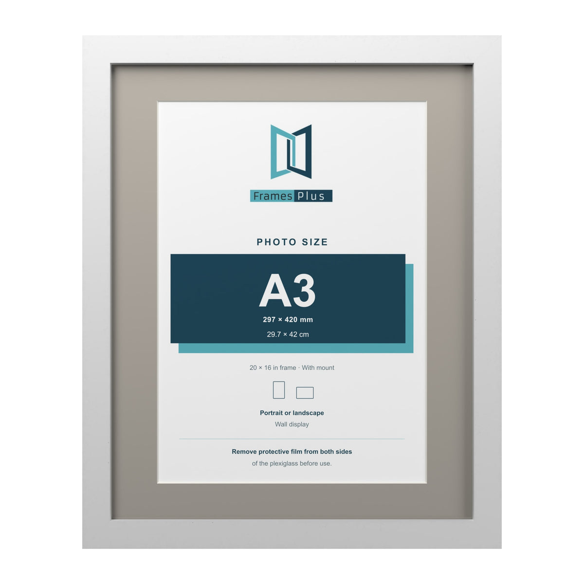 White 20 x 16 inch picture frame with a Dawn Grey mount for an A3 photo