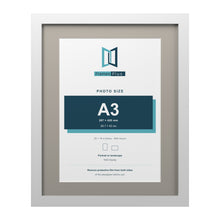 White 20 x 16 inch picture frame with a Dawn Grey mount for an A3 photo