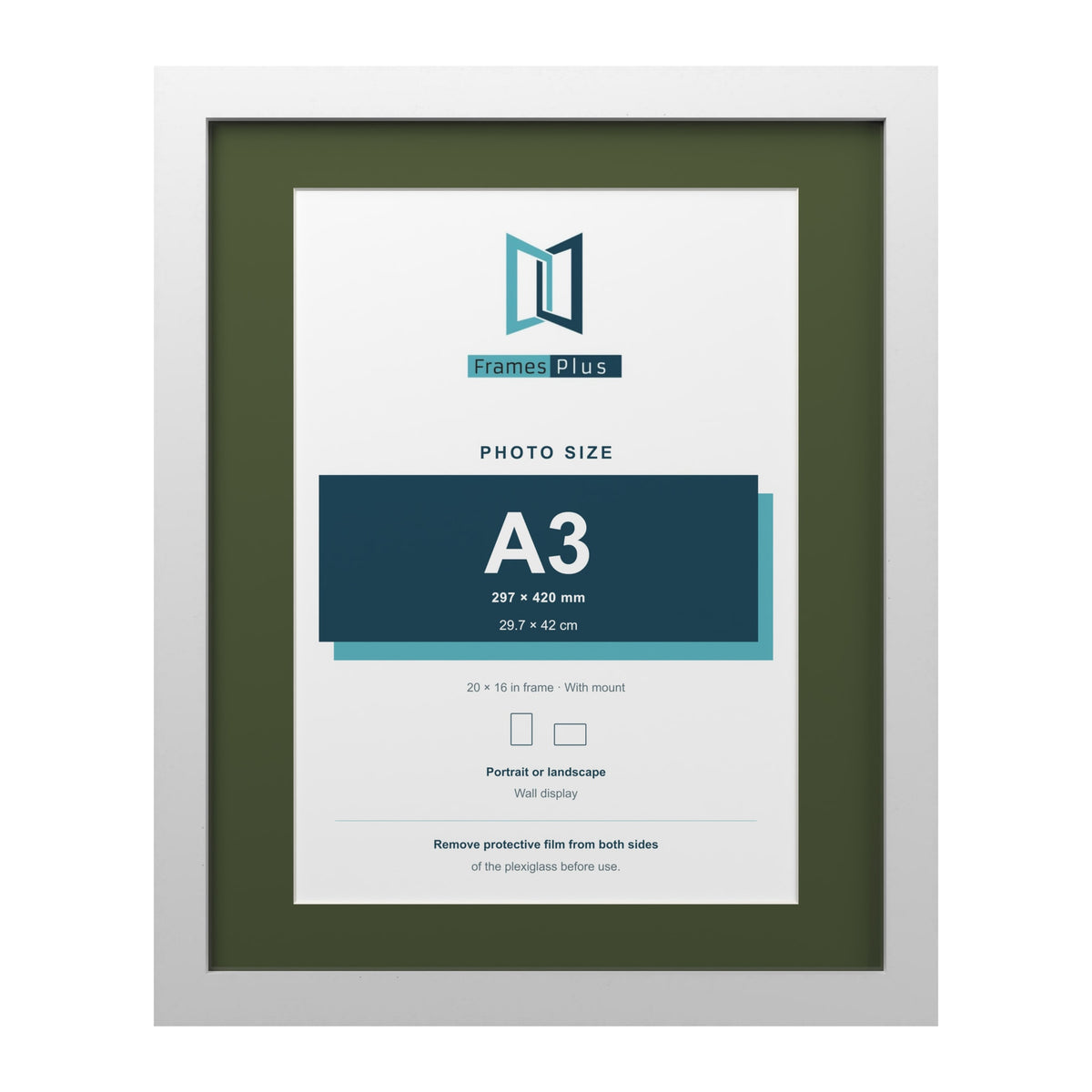 White 20 x 16 inch picture frame with a green mount for an A3 photo