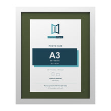 White 20 x 16 inch picture frame with a green mount for an A3 photo